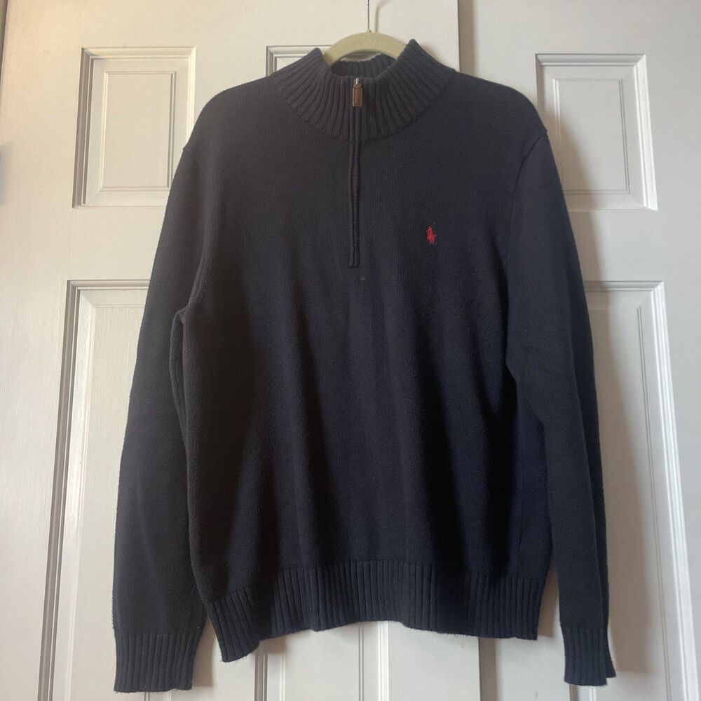 Polo Ralph Lauren Men's Large Navy Quarter-Zip Pullover Sweater 100% Cotton L
